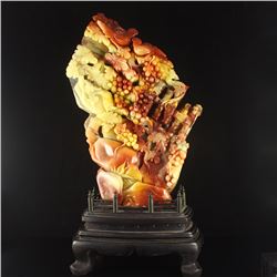 Chinese Natural Shoushan Stone Statue - Magpies & Grapes w Certificate