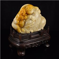 Chinese Shoushan Stone Statue - Arhat & Lion w Certificate