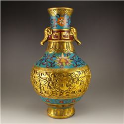 Chinese Gilt Gold Bronze Cloisonne Double Ears Elephant Head Vase