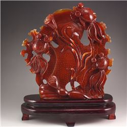 Beautiful Color Chinese Red Agate Statue - Goldfish & Lotus