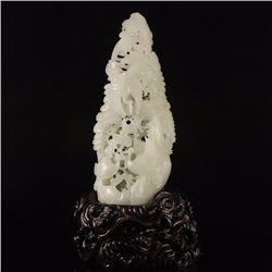 Openwork Chinese Hetian Jade Statue - Crane & Pine Tree