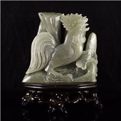 Chinese Natural Hetian Jade Statue w Rooster & Lotus