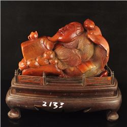 Superb Chinese Natural Shoushan Stone Statue - Fortune Old Man & Kid ,Certificate