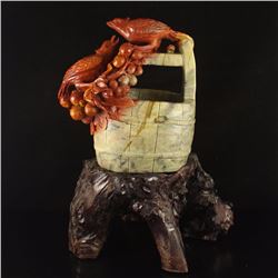 Chinese Natural Shoushan Stone Statue - Magpie Grapes & Certificate