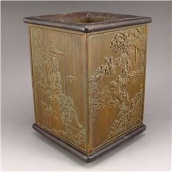Vintage Chinese Bamboo Root Brush Pot Carved Characters Mountains Rivers Scene