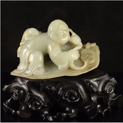Chinese Hetian Jade Statue - Liuhai Taolism Deity & Toad