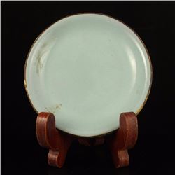 Chinese Gilt Edge Sky Blue Glaze Ru Kiln Porcelain Plate w Poetic Prose