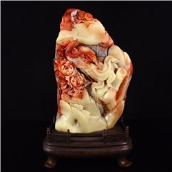 Superb Chinese Shoushan Stone Statue - Peacock & Peony W Certificate