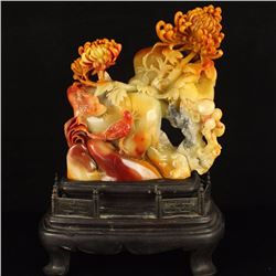 Superb Chinese Shoushan Stone Statue - Magpie & Peony w Certificate