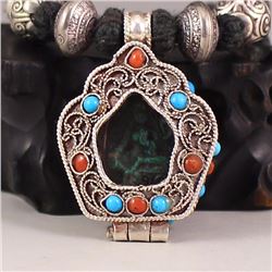 Chinese Tibet Buddhist Silver Shrine Turquoise Buddha Pendant