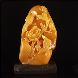 Superb Hand Carved Indonesia Jin Tian Huang Statue - Magpie & Peony w Certificate