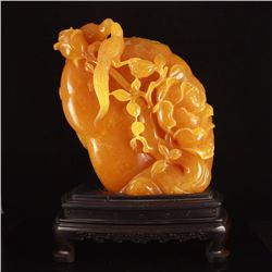 Superb Indonesia Jin Tian Huang Magpies & Peony Statue w Certificate