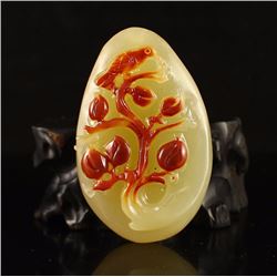 Chinese Natural Jade Pendant - Bird & Peach