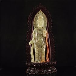 Vintage Chinese Qing Dynasty Hetian Jade Kwan-yin Statue