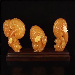 A Set Indonesia Jin Tian Huang Statue - Ruyi Peaches & Bats W Certificate