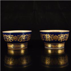 A Pair Chinese Qing Dynasty Gilt Gold Blue Ground Famille Rose Porcelain Tea bowl