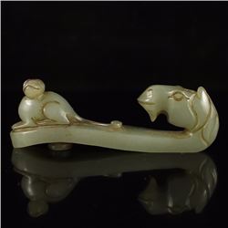 Vintage Chinese Hetian Jade Monkey & Horse Head Belt Buckle