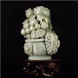Superb Chinese Hetian Jade Flower Basket Statue , Peach & Grape
