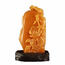 Superb Hand Carved Indonesia Jin Tian Huang Statue - Magpie & Peony w Certificate