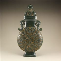 Chinese Qing Dynasty Hetian Jade Low Relief Double Ears Vase