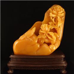 Indonesia Jin Tian Huang Statue - Magpie & Peony w Certificate