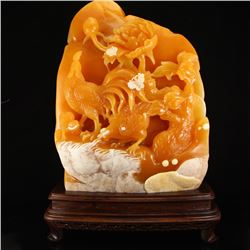 Indonesia Jin Tian Huang Statue - Rooster & Flower w Certificate