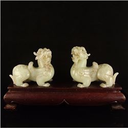 A Pair Vintage Chinese Han Dynasty Hetian Jade Lucky Beasts Statue