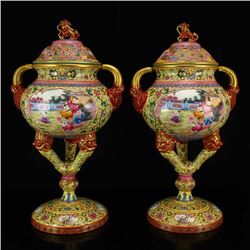 A Pair Superb Rare Chinese Qing Dynasty Gilt Gold Famille Rose Porcelain Incense Burner
