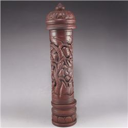 Hollow Out Carved Chinese Rosewood Incense Tube w Pine Tree & Fortune Kid