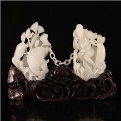 Openwork Chinese Hetian Jade Statue - Naked Woman & Fortune Fish