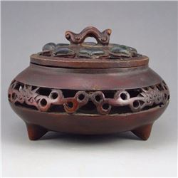 Vintage Chinese Bronze Inlay Jade Incense Burner
