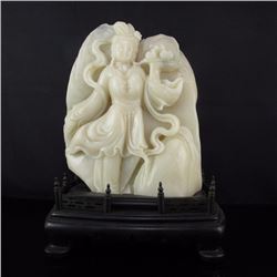 Superb Chinese Shoushan Stone Statue Beautiful Girl & Peaches
