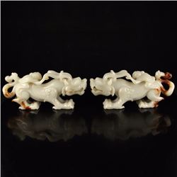 A Pair Chinese Han Dynasty Hetian Jade Fortune Beasts Statue