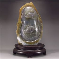 Chinese Natural Water Bile Agate Statue - Carp & Lotus