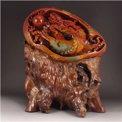 Chinese Shoushan Stone Statue - Dragon & Fireball