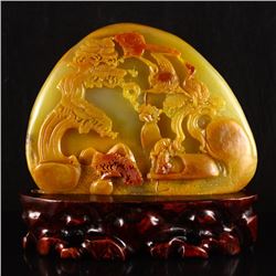 Superb Chinese Natural Jade Statue - Sage,Crane & Pine Tree