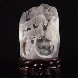 Chinese Hetian Jade Statue - Old Man & Pine Tree