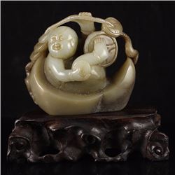 Vintage Chinese Hetian Jade Statue - Fortune Kid