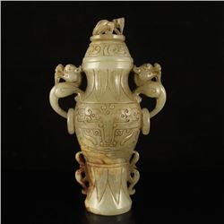 Vintage Chinese Han Dy Hetian Jade Double Ring Dragon Head Vase