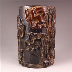 Chinese Ox Horn Low Relief Brush Pot w Fish & Lotus