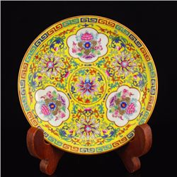 Chinese Yellow Ground Famille Rose Porcelain Plate