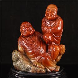 Chinese Shoushan Stone Statue - Two Arhats Free Certificate