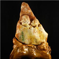 Superb Chinese Shoushan Stone Statue w Two Arhats