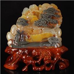 Chinese Natural Jade Statue w Two Sages & Pine Tree