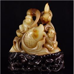 Chinese Hetian Jade Statue - Fortune Fish & Kids