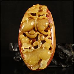 Chinese Huanglong Jade Pendant - Two Lions