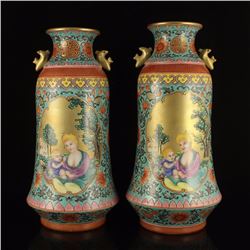 A Pair Chinese Gilt Gold Enamels Porcelain Vase