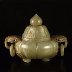 Vintage Chinese Qing Dynasty Hetian Jade Double Rings 3 Legs Incense Burner