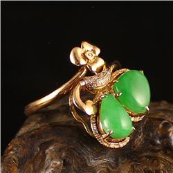 18K Gold Inlay Natural Jadeite Diamond Ring w Certificate