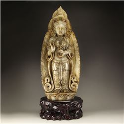 Chinese Han Dynasty Hetian Jade Inlay Gem Kwan-yin Statue